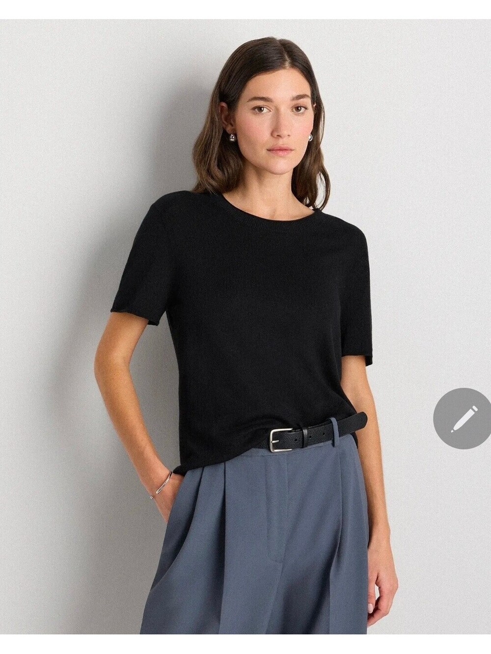 Quince Women's Organic Cotton and Cashmere Blend Black Short Sleeve Sweater, M